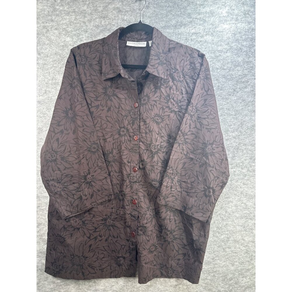 Sag Harbor Womens 1X Floral Button-Up Shirt Brown & Black